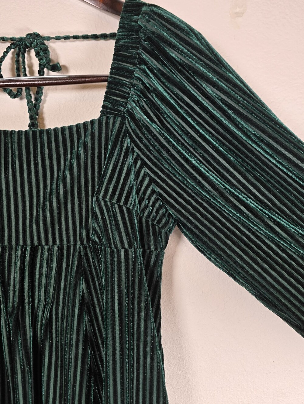 Emerald Green Ribbed Velvet Babydoll Dress M - Picture 5 of 9